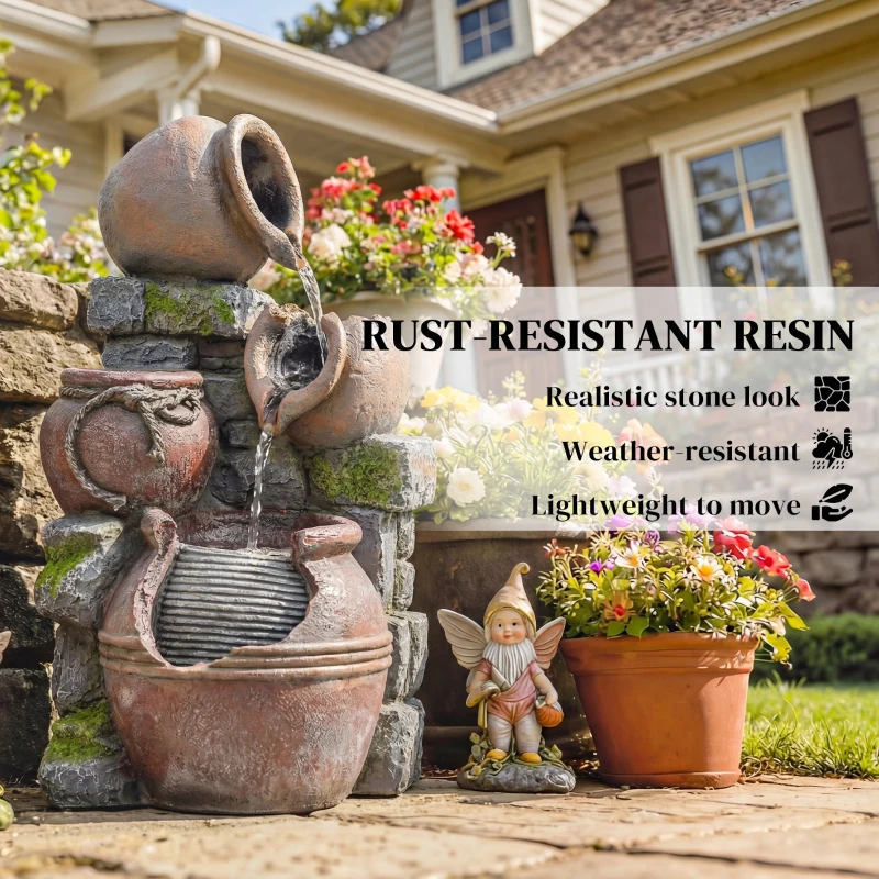 Outsunny Outdoor Fountain with 4-Tier Rustic Pot Design, Cascading Rock Waterfall with LED Lights and Adjustable Flow