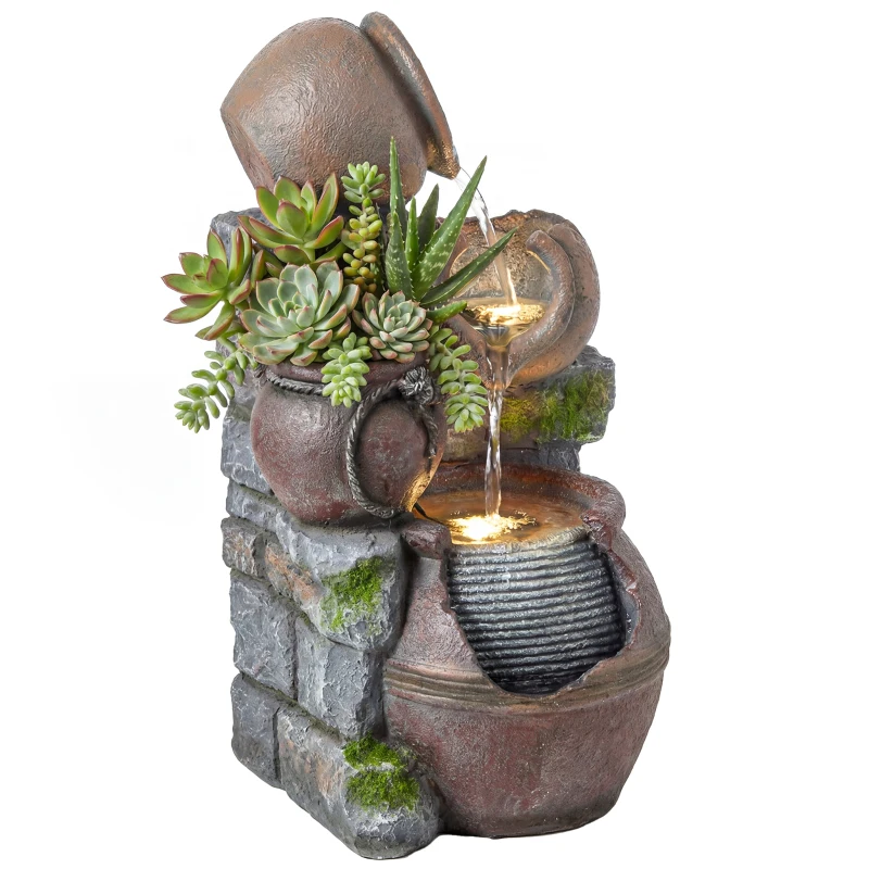 Outsunny Outdoor Fountain with 4-Tier Rustic Pot Design, Cascading Rock Waterfall with LED Lights and Adjustable Flow