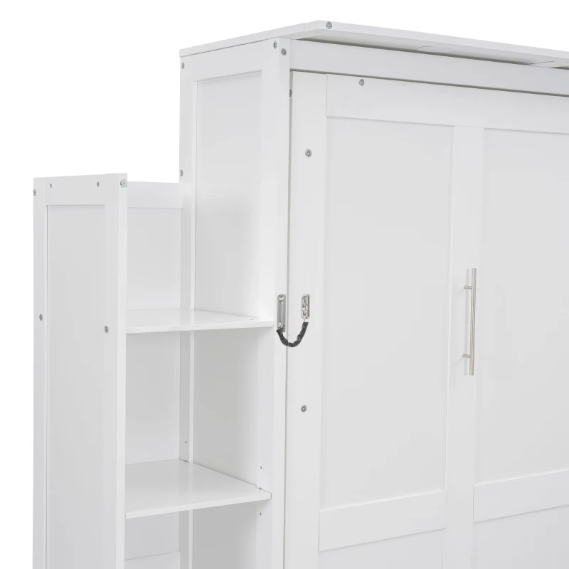 Full Size Murphy Bed with Shelves and LED Lights, Space-Saving Wall Bed with Flexible Slats, 87" L x 81" W x 83.5" H, White