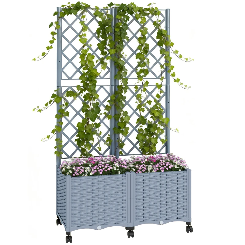 Outsunny Planter Box with Trellis, Self Watering Raised Garden Bed with Lockable Wheels and Drainage Holes, Gray