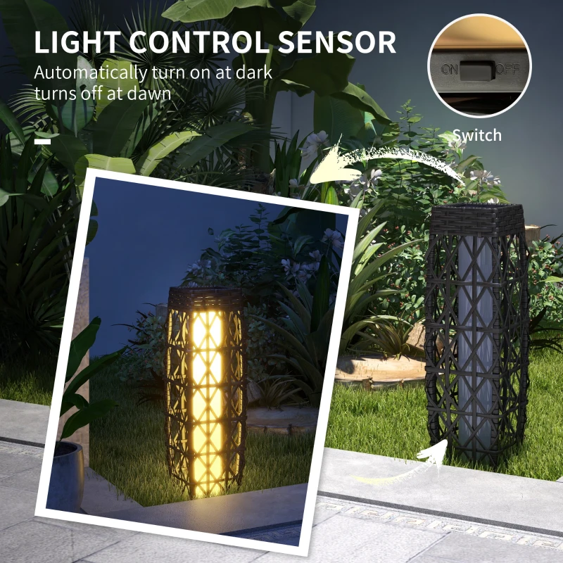 Outsunny Wicker Outdoor Floor Lamp, Decorative Solar Lantern with Auto On/Off LED Lights, IP44 for Patio, Porch, Pathway, Grey