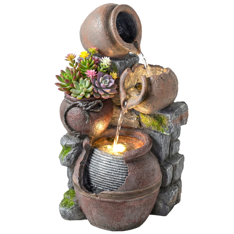 Outsunny Outdoor Fountain with 4-Tier Rustic Pot Design, Cascading Rock Waterfall with LED Lights and Adjustable Flow