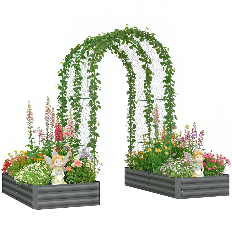 Outsunny Metal Raised Garden Bed with Trellis, Galvanized Garden Bed Kit Outdoor Garden Box with Trellis, Dark Grey
