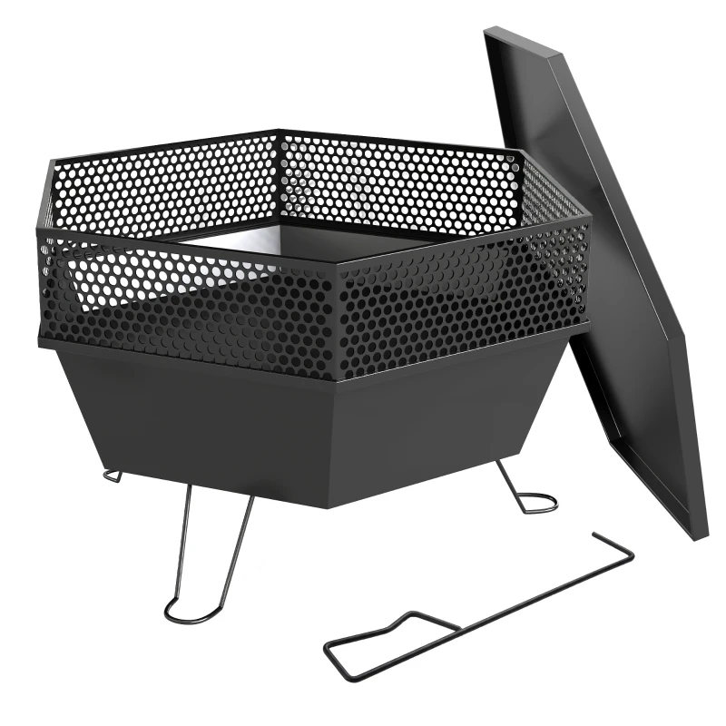 Outsunny 20" Fire Pit with Fire Poker, Foldable Wood Burning Firepits with Lid, Portable Firepit, Black