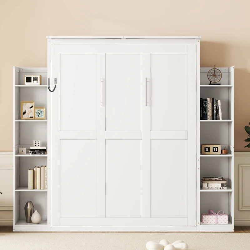 Queen Size Murphy Bed with Shelves and LED Lights, Space-Saving Wall Bed with Flexible Slats, 93.5" L x 84.5" W x 88.5" H, White