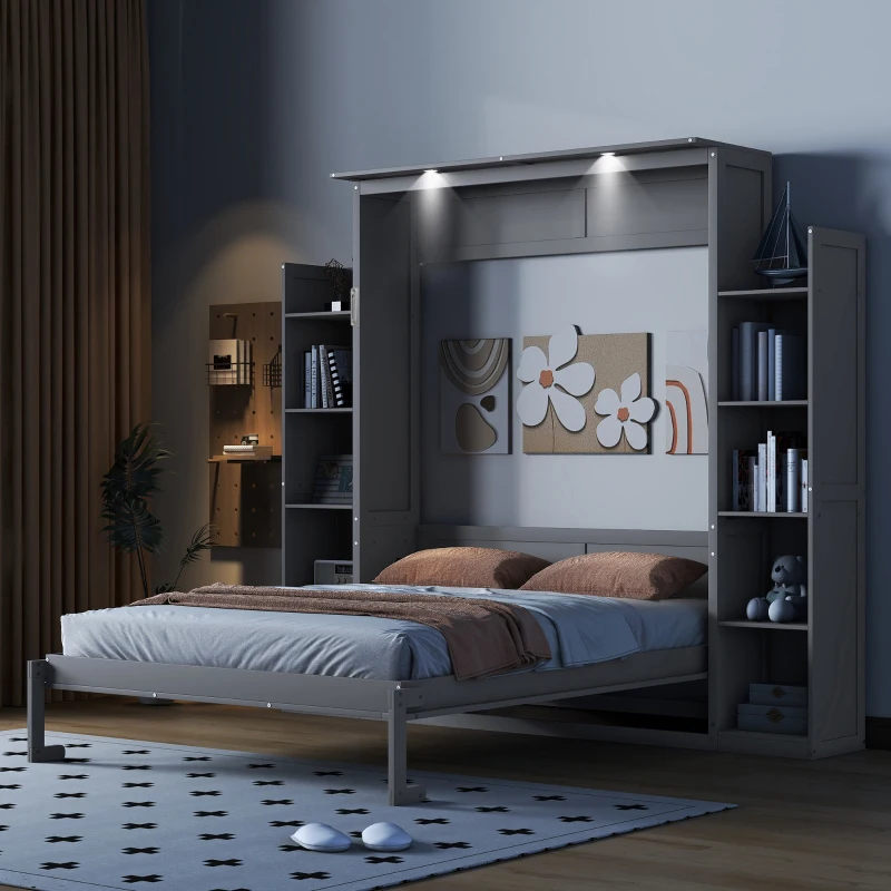 Queen Size Murphy Bed with Shelves and LED Lights, Space-Saving Wall Bed with Flexible Slats, 93.5" L x 84.5" W x 88.5" H, Grey