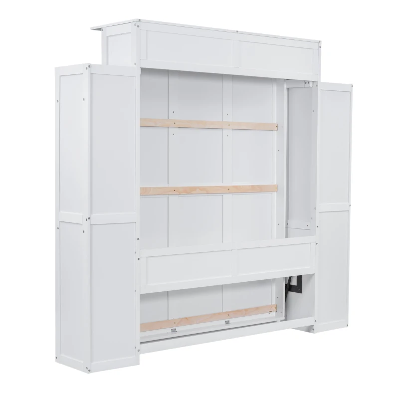 Queen Size Murphy Bed with Shelves and LED Lights, Space-Saving Wall Bed with Flexible Slats, 93.5" L x 84.5" W x 88.5" H, White