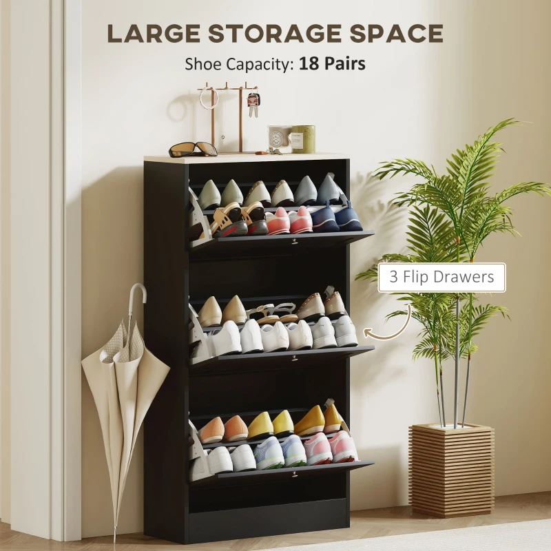 HOMCOM Modern Shoe Storage with 3 Flip Drawers and Adjustable Shelves, Shoe Cabinet Organizer for 12-18 Pairs of Shoes, Black