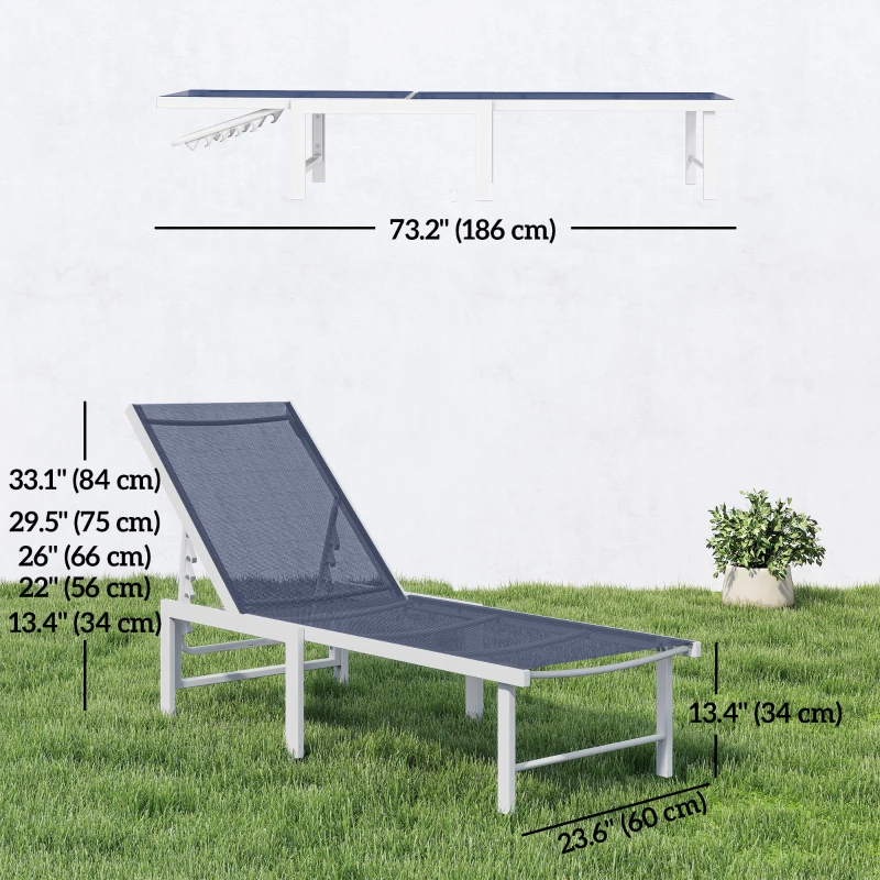 Outsunny Outdoor Lounge Chair, 5-Position Reclining Outdoor Chaise Lounge Tanning Chair with Mesh Seat, Dark Blue