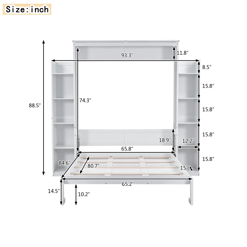 Queen Size Murphy Bed with Shelves and LED Lights, Space-Saving Wall Bed with Flexible Slats, 93.5" L x 84.5" W x 88.5" H, White