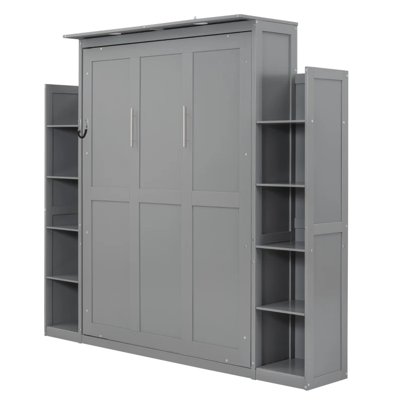 Full Size Murphy Bed with Shelves, LED Lights, Space-Saving Wall Bed with Flexible Slats, Dual Piston Mechanism, 87" L x 81" W x 83.5" H, Grey