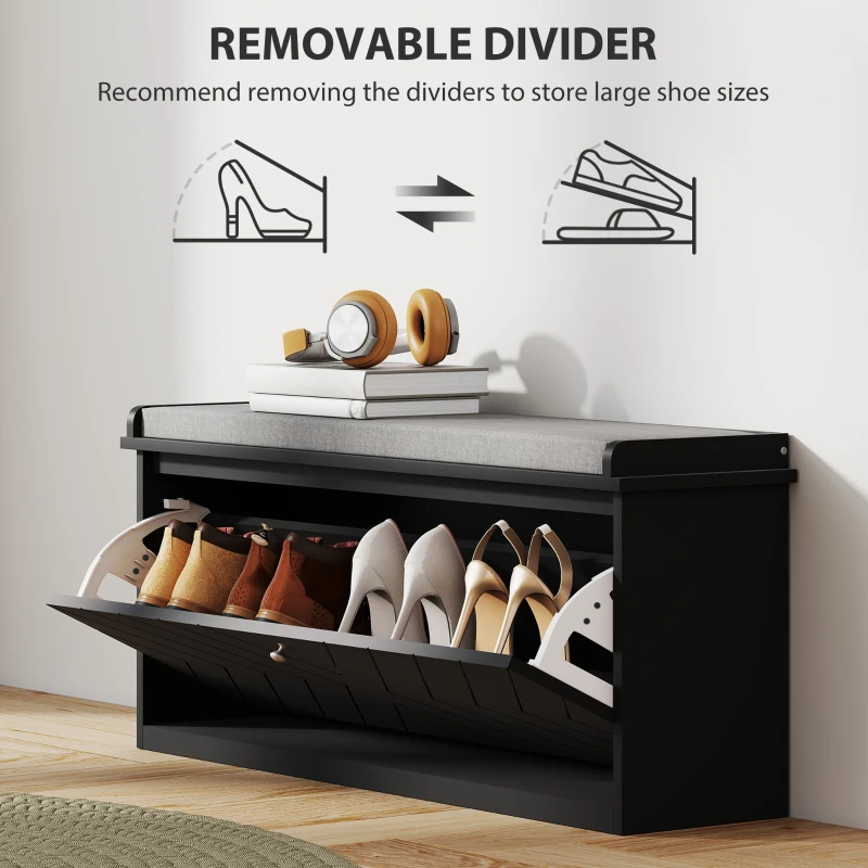 HOMCOM Shoe Storage with Seat, Upholstered Hallway Bench, Shoe Bench with Flip Drawer, Adjustable Shelf for 8-10 Pairs of Shoes