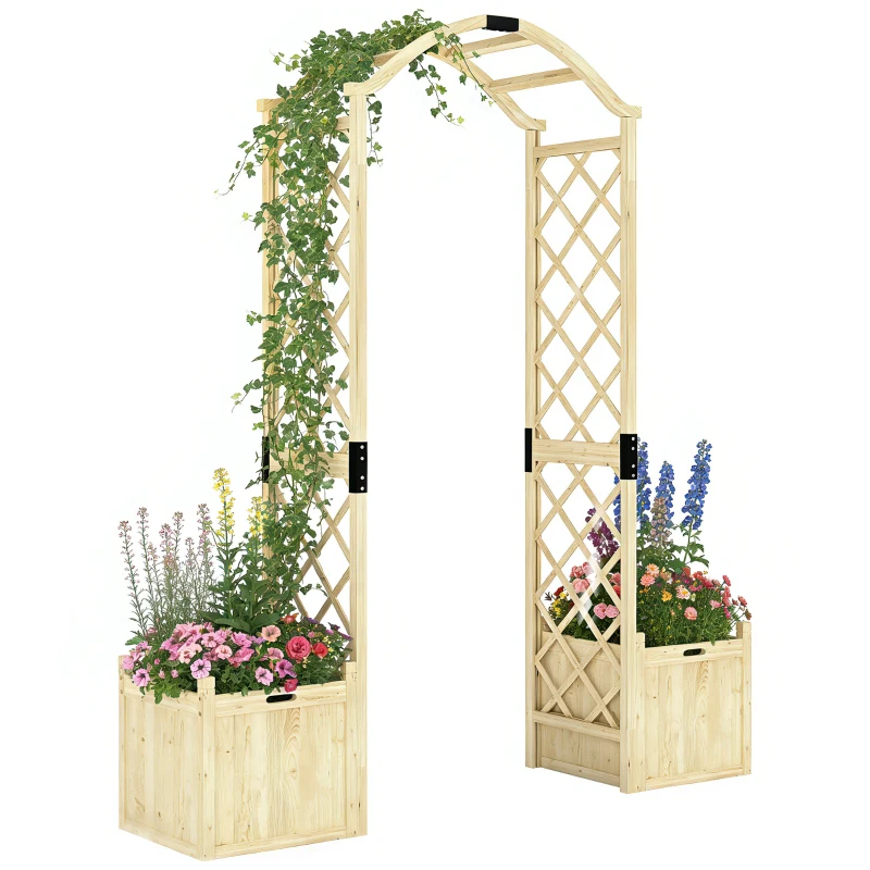 Outsunny Wooden Garden Arch with 2 Planter Boxes, Arch Trellis for Climbing Plants, Decorative Arbor Archway, Natural Wood