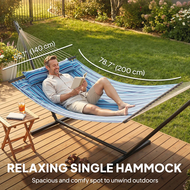 Outsunny Hammock with Stand Heavy Duty Camping Hammock with Steel Frame for Patio Backyard Blue and White