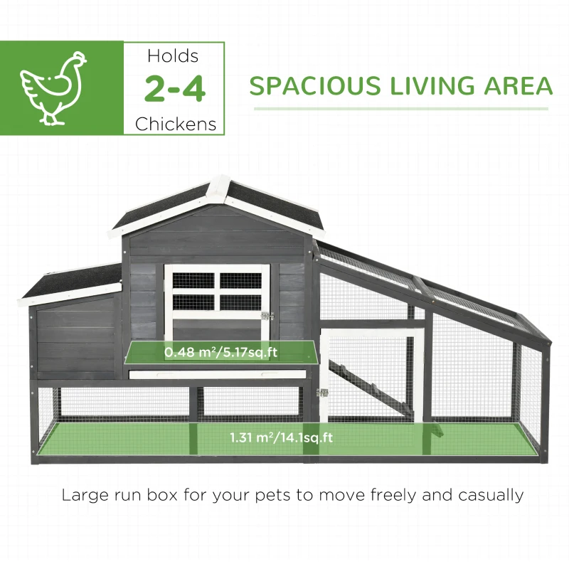 PawHut 79" Wooden Chicken Coop, Outdoor Hen House, Poultry Habitat with Removable Tray, Nesting Box, Run, Ramp, Grey