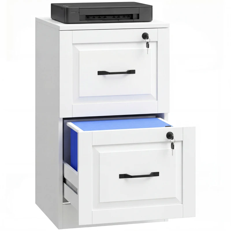 HOMCOM 2 Drawer File Cabinet with Lock, Vertical Filing Cabinet with Adjustable Hanging Bars for A4 and Letter Size, White