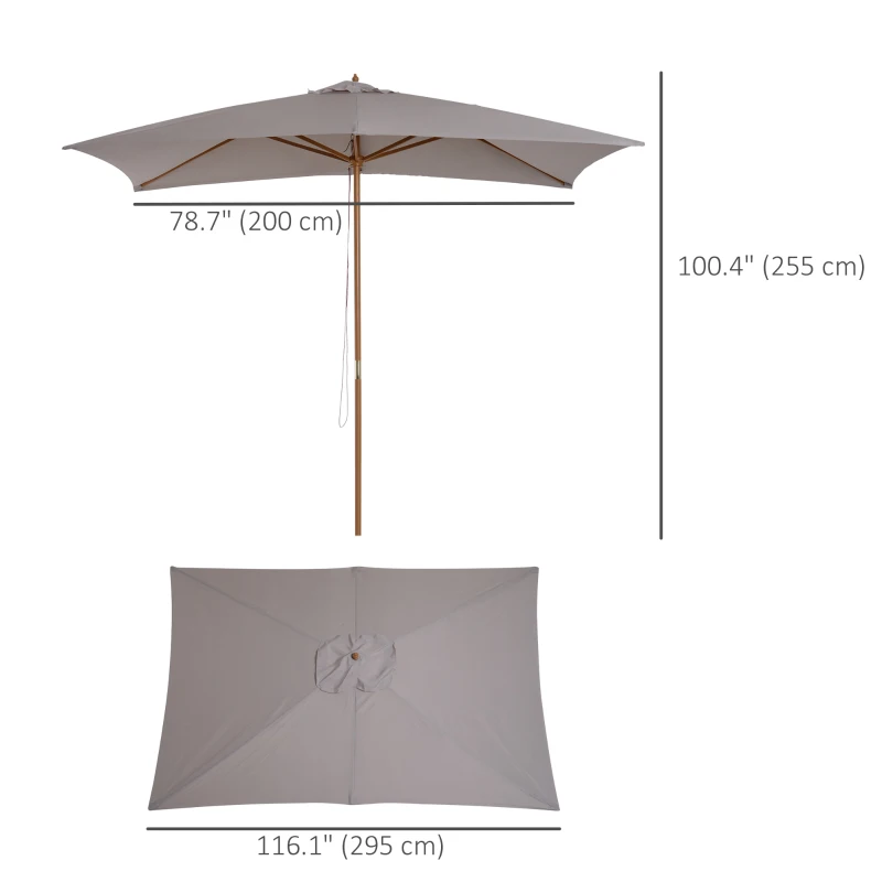 Outsunny 7' x 10' Wooden Patio Umbrella, Rectangle Garden Parasol, Outdoor Sunshade Canopy with Bamboo Ribs for Garden, Grey