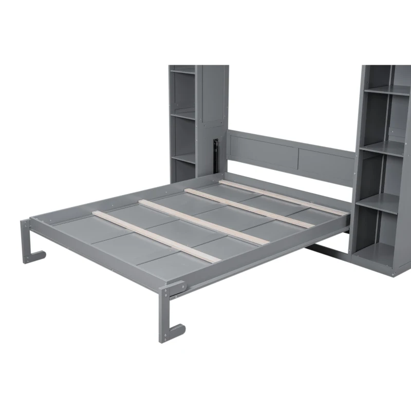 Queen Size Murphy Bed with Shelves and LED Lights, Space-Saving Wall Bed with Flexible Slats, 93.5" L x 84.5" W x 88.5" H, Grey