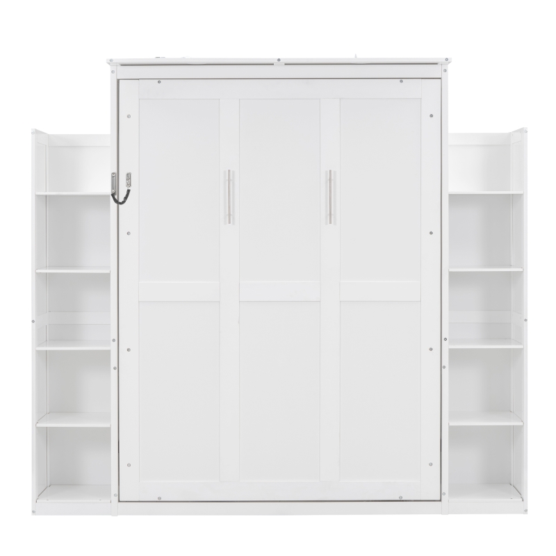 Full Size Murphy Bed with Shelves and LED Lights, Space-Saving Wall Bed with Flexible Slats, 87" L x 81" W x 83.5" H, White