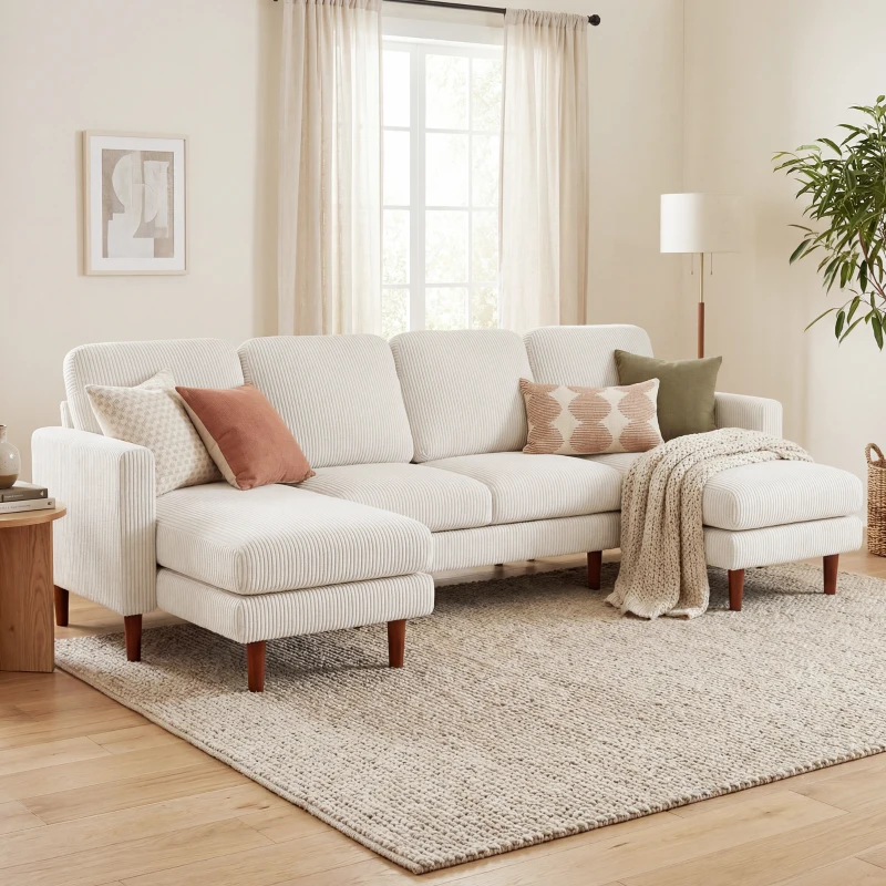 HOMCOM Sectional Sofa, Corduroy U Shaped Couch with Double Chaise and Spring Cushions, 2200lb Capacity, Beige