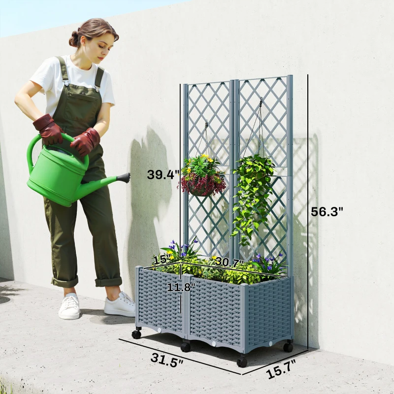 Outsunny Planter Box with Trellis, Self Watering Raised Garden Bed with Lockable Wheels and Drainage Holes, Gray