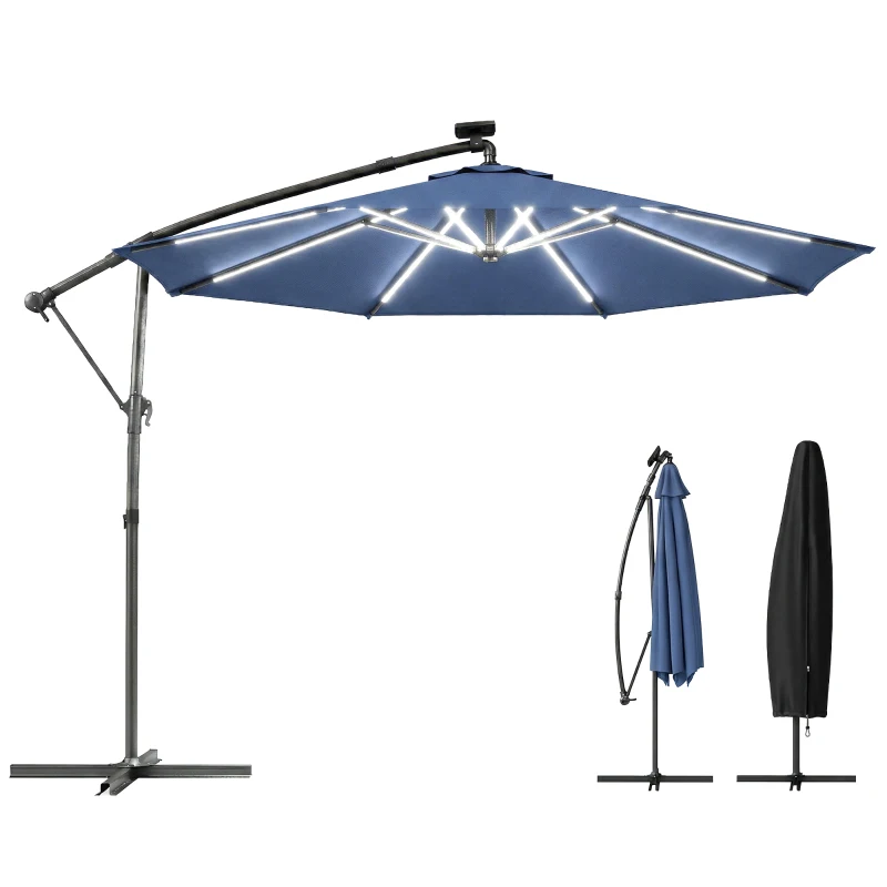 Outsunny 10 ft Offset Patio Umbrella with Solar Light, Garden Hanging Parasol with 360° Rotation, Tilt, Cover, Navy Blue