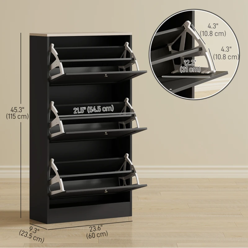 HOMCOM Modern Shoe Storage with 3 Flip Drawers and Adjustable Shelves, Shoe Cabinet Organizer for 12-18 Pairs of Shoes, Black