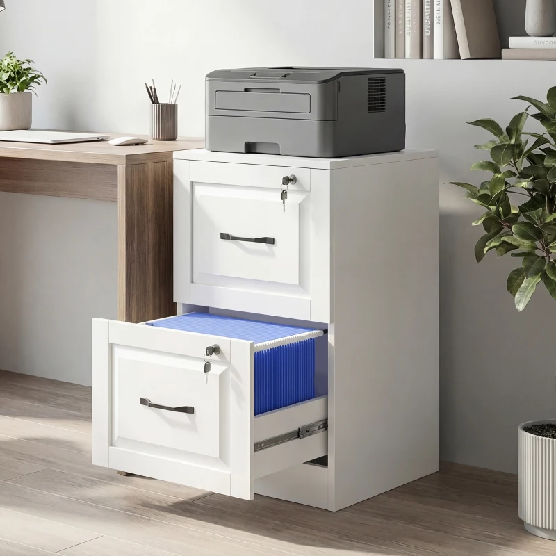 HOMCOM 2 Drawer File Cabinet with Lock, Vertical Filing Cabinet with Adjustable Hanging Bars for A4 and Letter Size, White