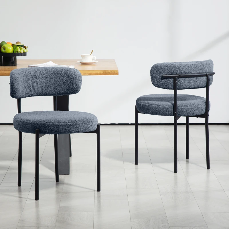 HOMCOM 2 Pieces Kitchen Chairs, Modern Dining Chairs w/ Berber Fleece Upholstery and Steel Legs for Living Room, Grey