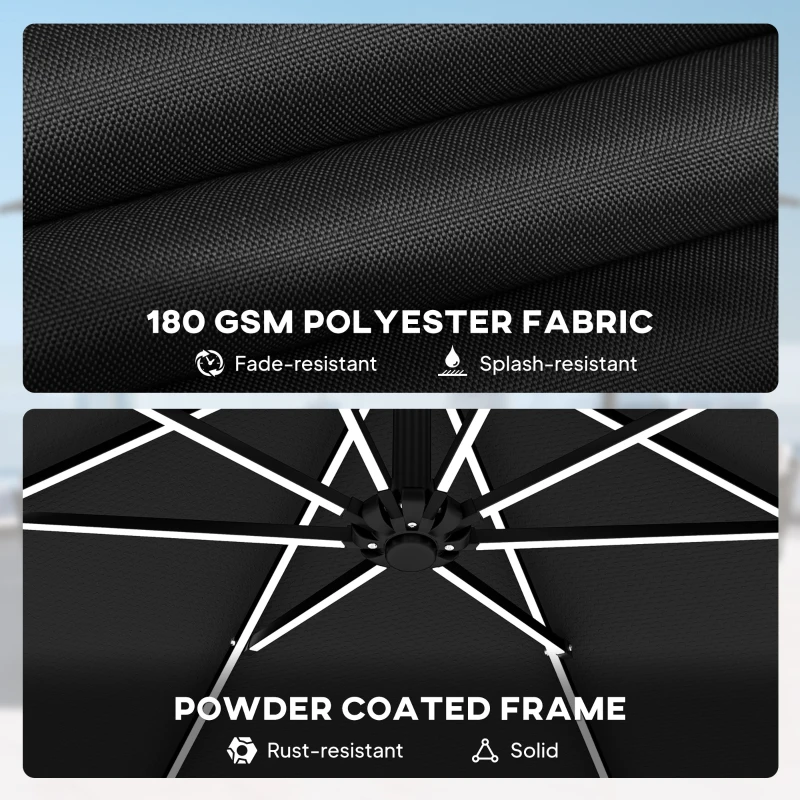 Outsunny 10 ft Offset Patio Umbrella with Solar Light, Garden Hanging Parasol with 360° Rotation, Tilt, Cover, Black