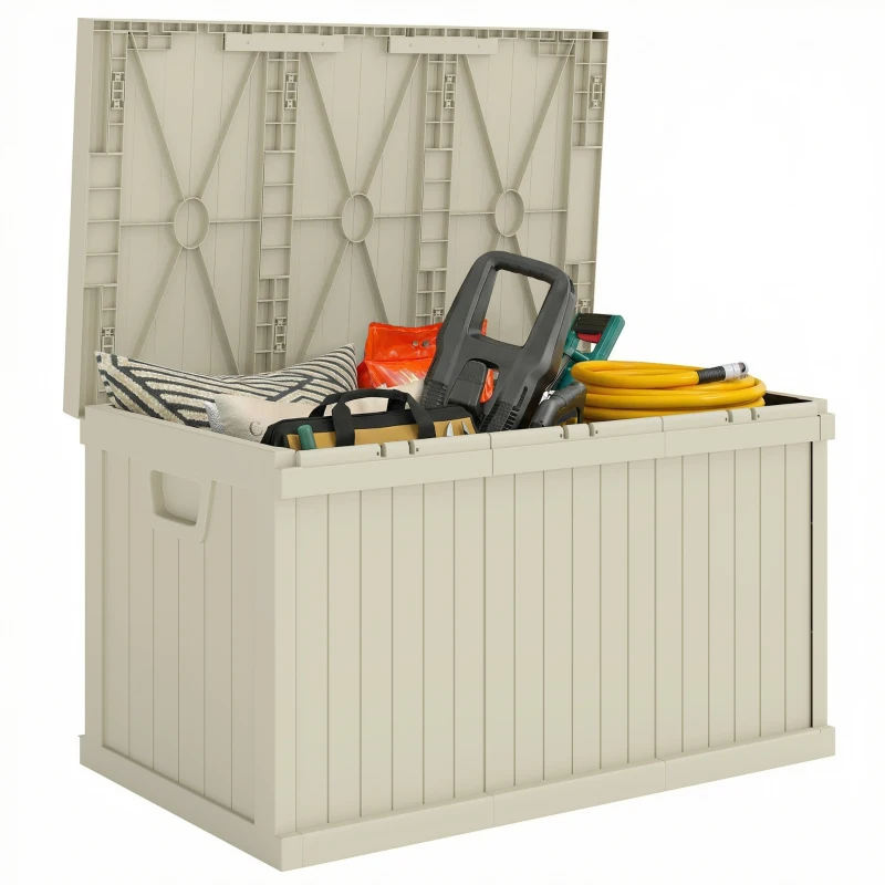 Outsunny 70 Gallon Deck Box, Resin Outdoor Storage Box with Handles, Waterproof Storage Container for Garden Tools, Sand