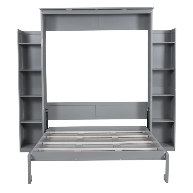 Queen Size Murphy Bed with Shelves and LED Lights, Space-Saving Wall Bed with Flexible Slats, 93.5" L x 84.5" W x 88.5" H, Grey