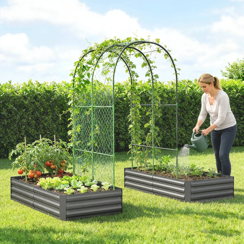 Outsunny Metal Raised Garden Bed with Trellis, Galvanized Garden Bed Kit Outdoor Garden Box with Trellis, Dark Grey
