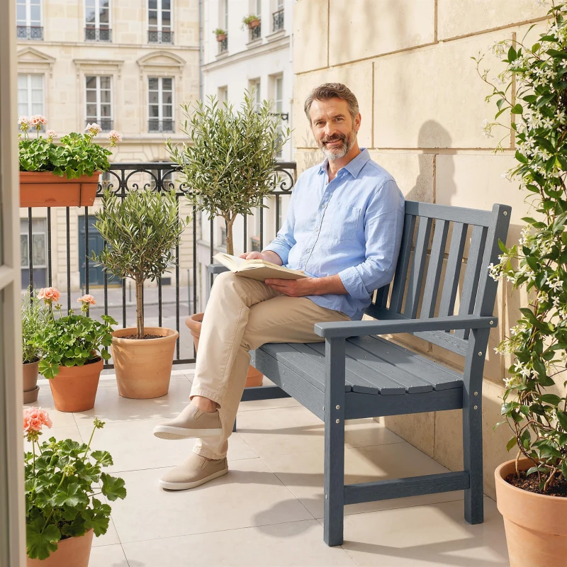 Outsunny Outdoor Bench, HDPE Weatherproof Garden Bench, 2-Person Garden Seating with Slatted Seat