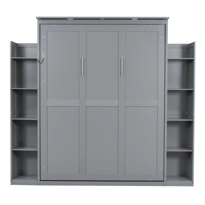 Queen Size Murphy Bed with Shelves and LED Lights, Space-Saving Wall Bed with Flexible Slats, 93.5" L x 84.5" W x 88.5" H, Grey