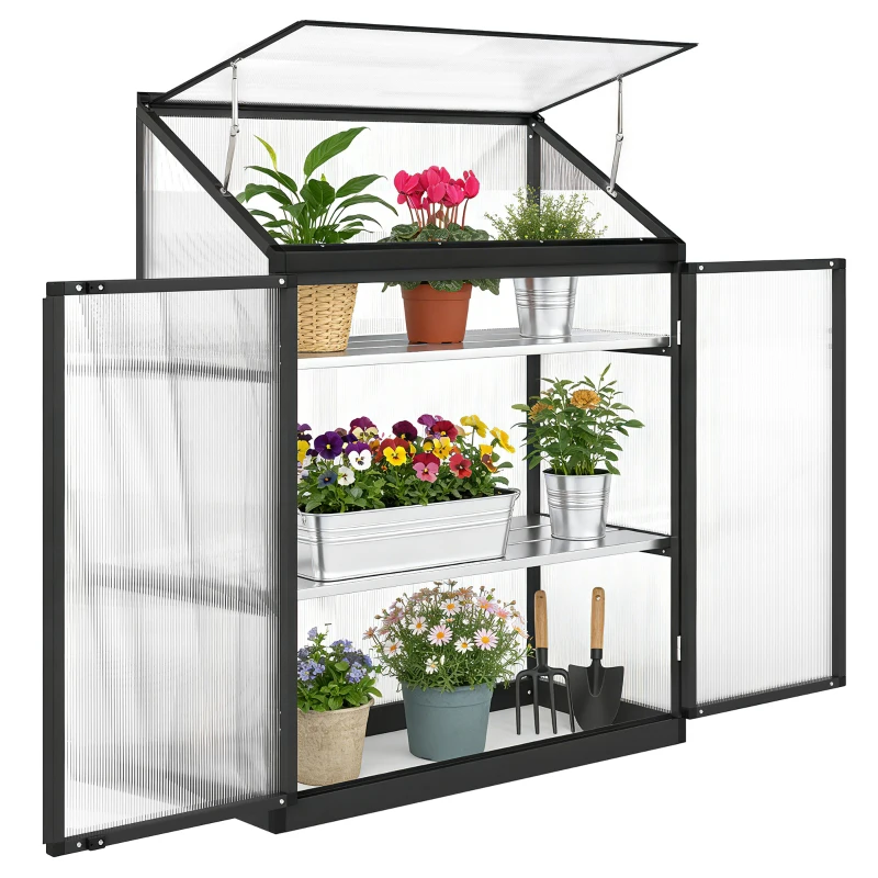 Outsunny Polycarbonate Greenhouse with 2-Tier Shelves Gardening Green House for Patio Garden, Black