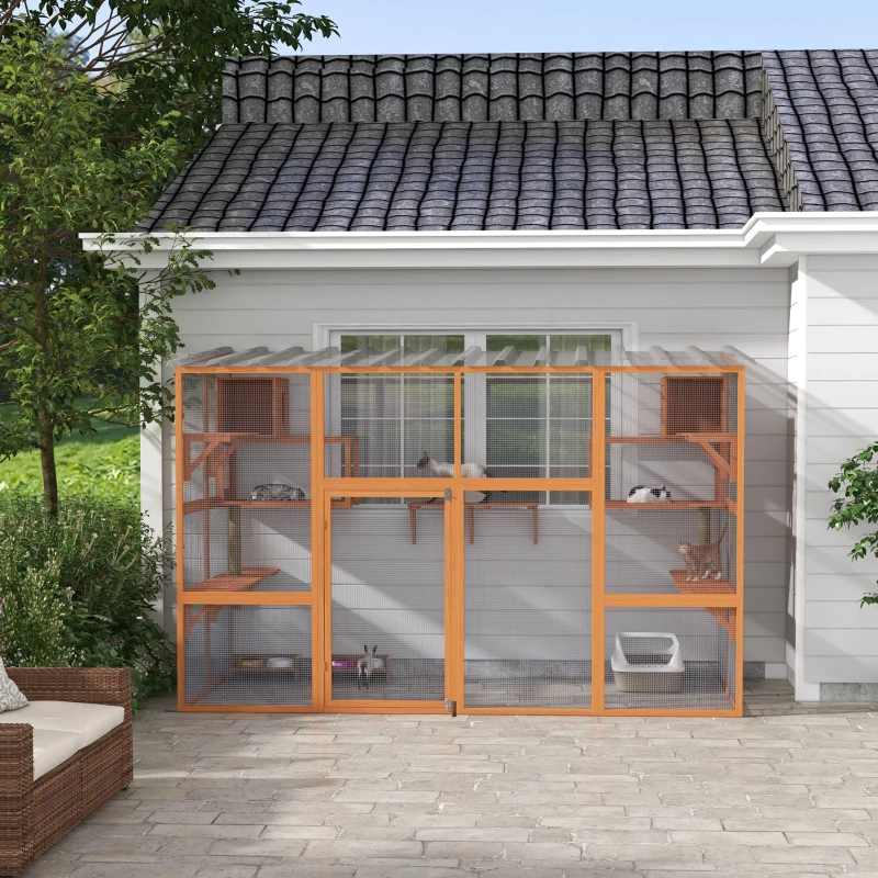 PawHut Cat Catio, Large Outdoor Cat Enclosure with 2 Condos, Jumping Platforms, Waterproof Roof, Orange