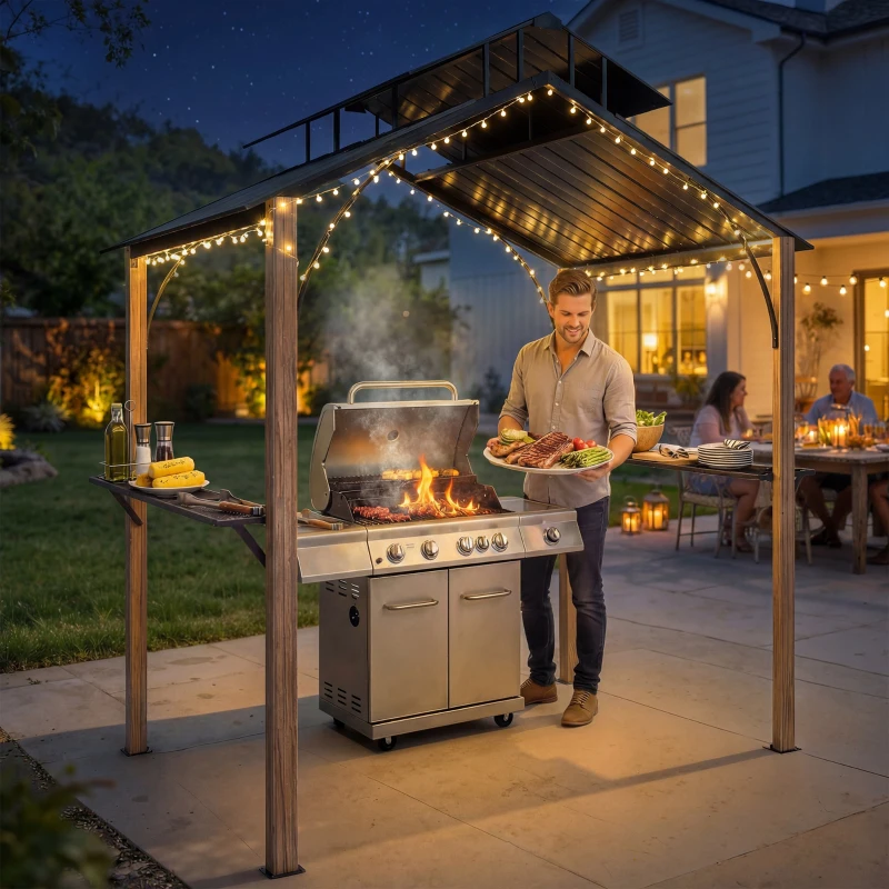 Outsunny 8 x 6ft Hardtop Grill Gazebo, BBQ Gazebo with Metal Double Roof, Outdoor Grill Canopy with Wood-Grain Aluminum Frame