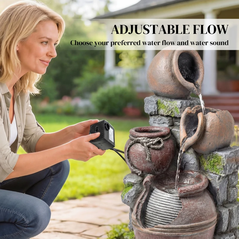 Outsunny Outdoor Fountain with 4-Tier Rustic Pot Design, Cascading Rock Waterfall with LED Lights and Adjustable Flow