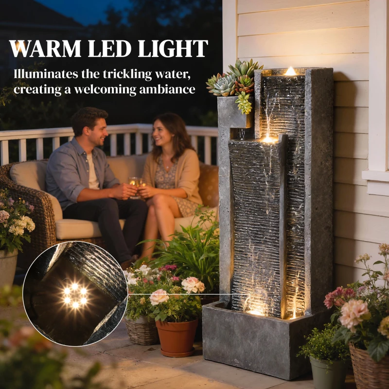 Outsunny 40" Tall Outdoor Waterfall Fountain with LED Lights and Planter, 3-Tier Cascading Waterfall Feature with Pump, Dark Gray