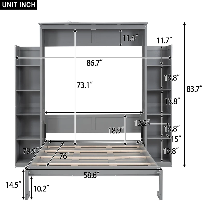 Full Size Murphy Bed with Shelves, LED Lights, Space-Saving Wall Bed with Flexible Slats, Dual Piston Mechanism, 87" L x 81" W x 83.5" H, Grey