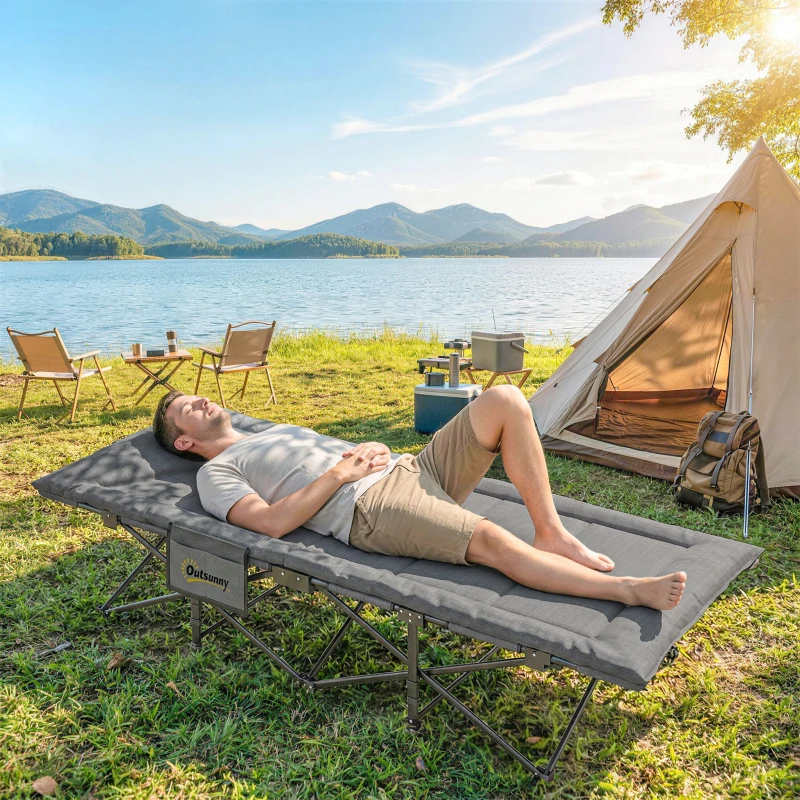 Outsunny Camping Cot for Adults with Padded Cushion, 31.5" Wide Folding Bed with Carry Bag and Non-Slip Feet, Grey