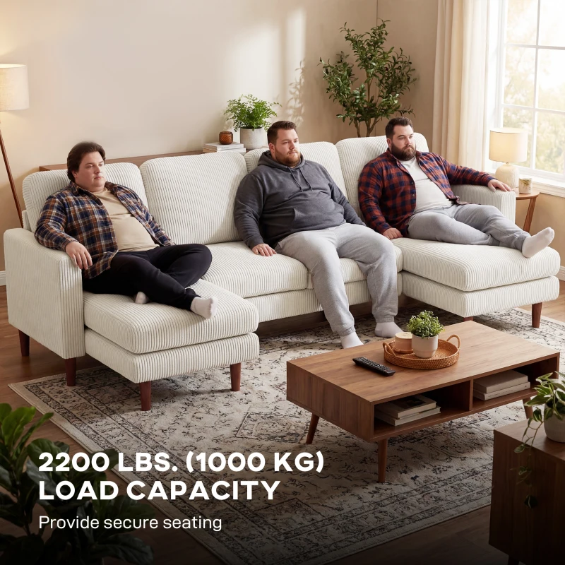 HOMCOM Sectional Sofa, Corduroy U Shaped Couch with Double Chaise and Spring Cushions, 2200lb Capacity, Beige