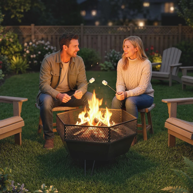 Outsunny 20" Fire Pit with Fire Poker, Foldable Wood Burning Firepits with Lid, Portable Firepit, Black