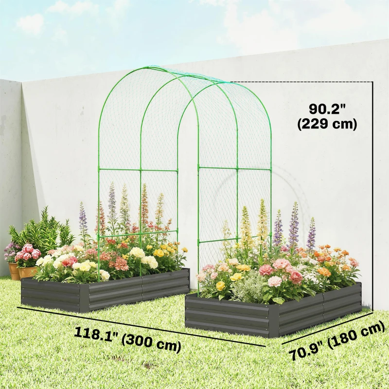 Outsunny Metal Raised Garden Bed with Trellis, Galvanized Garden Bed Kit Outdoor Garden Box with Trellis, Dark Grey