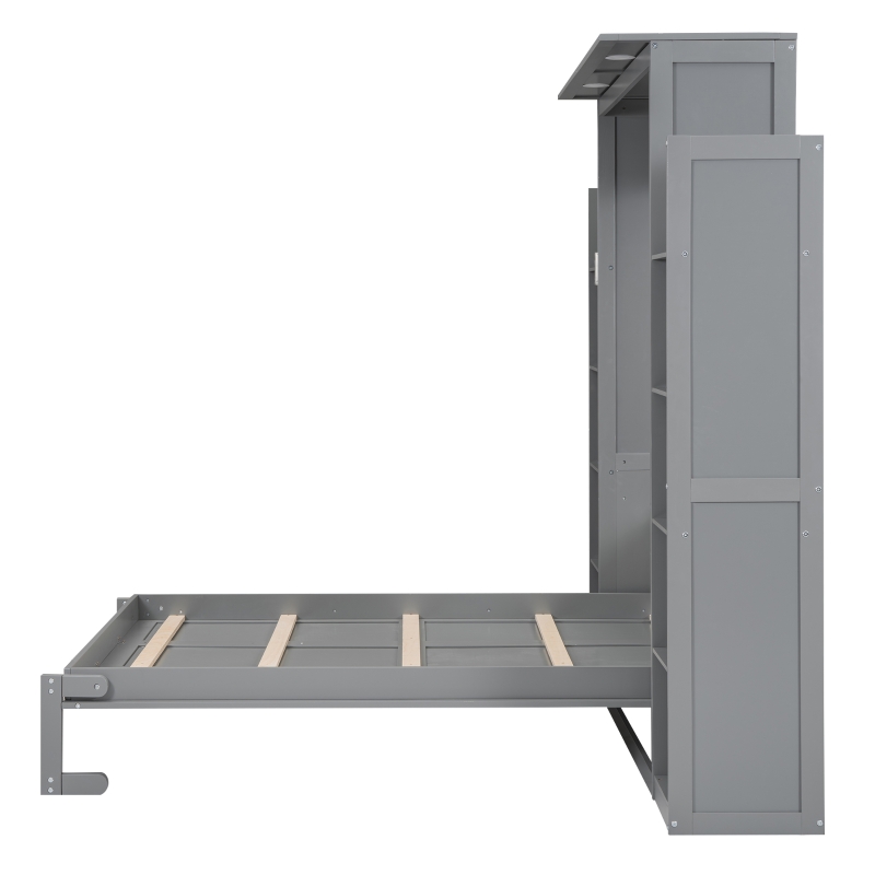 Full Size Murphy Bed with Shelves, LED Lights, Space-Saving Wall Bed with Flexible Slats, Dual Piston Mechanism, 87" L x 81" W x 83.5" H, Grey