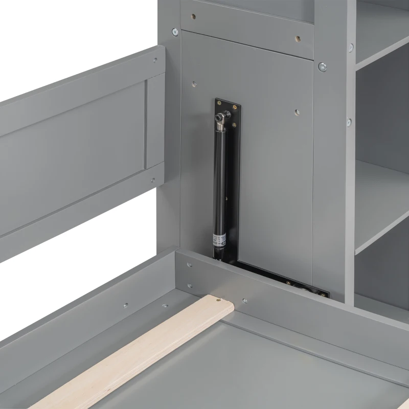 Full Size Murphy Bed with Shelves, LED Lights, Space-Saving Wall Bed with Flexible Slats, Dual Piston Mechanism, 87" L x 81" W x 83.5" H, Grey