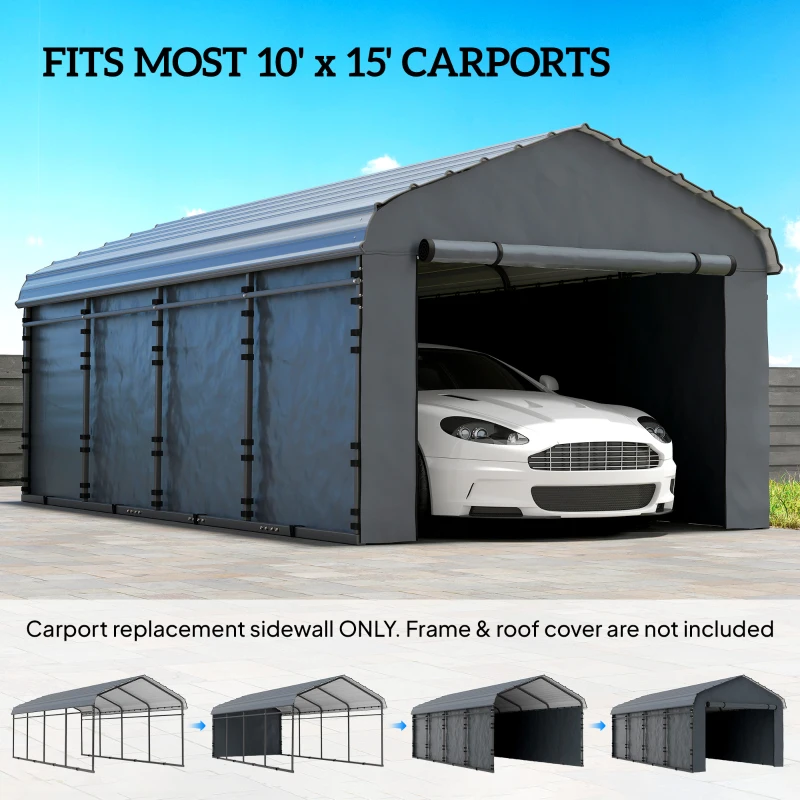Outsunny Carport Replacement Canopy Cover Sidewalls for 10' x 15' Carport, UPF50+ Waterproof Garage Car Shelter Tarp, Dark Grey