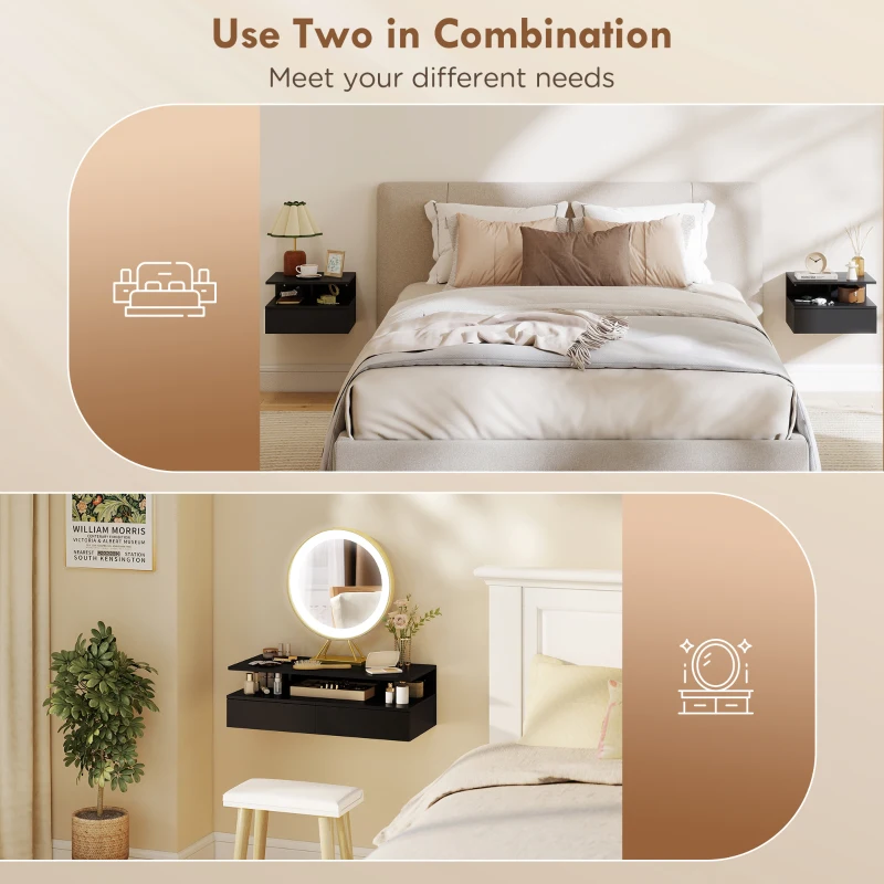 HOMCOM Floating Nightstand Set of 2, Wall Mounted Bedside Table with Drawer and Shelf, Small Night Stand for Bedroom, Black