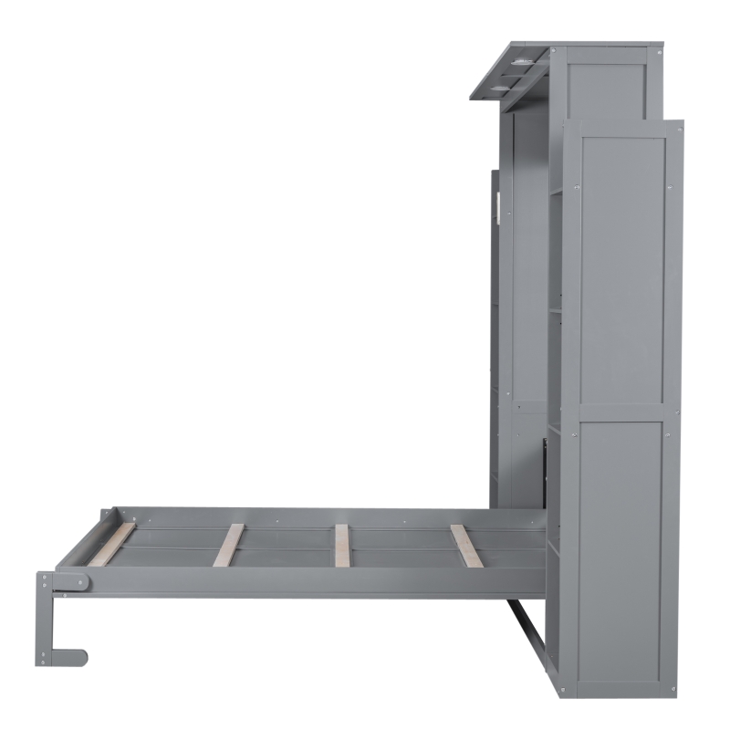 Queen Size Murphy Bed with Shelves and LED Lights, Space-Saving Wall Bed with Flexible Slats, 93.5" L x 84.5" W x 88.5" H, Grey